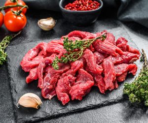 Raw,Beef,Stroganoff,Meat.,Black,Background.,Top,View